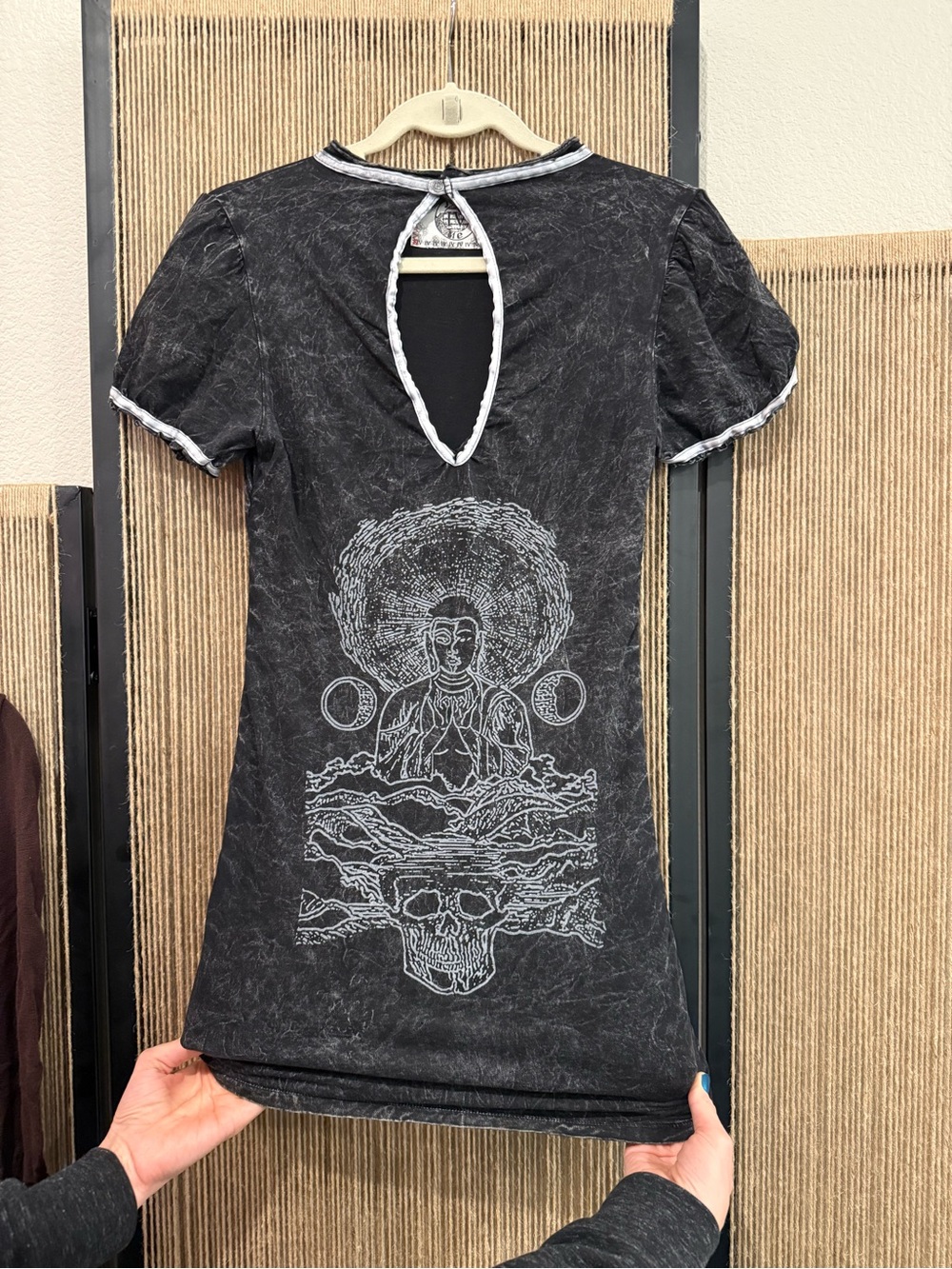 Just Me Black Graphic Keyhole Back Tee with Silver Trim